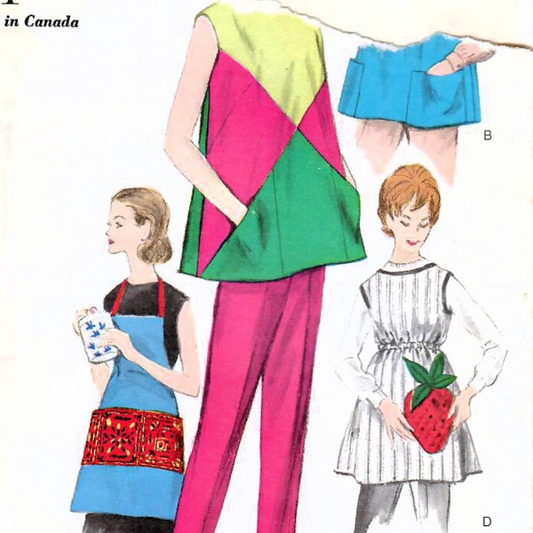 1960s Vogue 5738 UNCUT Vintage Sewing Pattern Misses Tunic Top, Smock Top, Full Apron, Pot Holders Size Small Bust 31-32