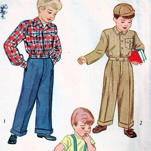May include: A vintage Simplicity sewing pattern for boys' clothing. The pattern is for a shirt and pants, and includes three different styles. The pattern is printed on a white background with red and black text. The pattern number is 2217 and the size is 8. The price is 25 cents.