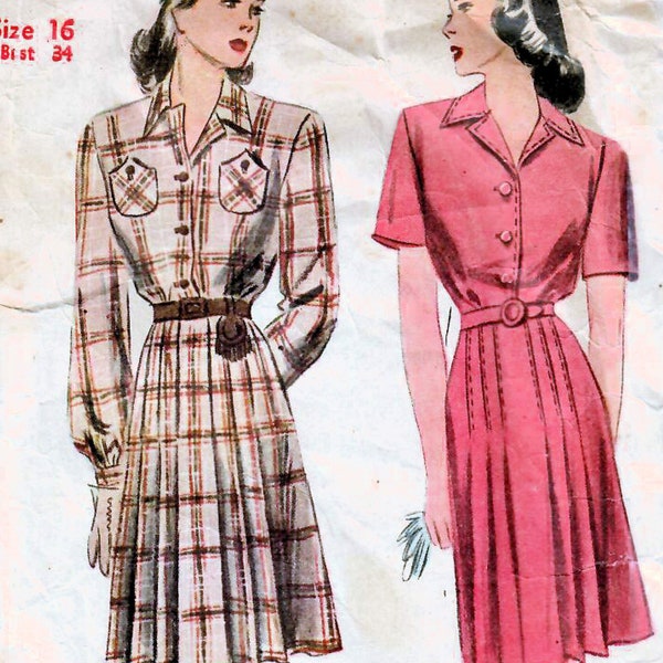 1940s Simplicity 1112 Vintage Sewing Pattern Misses Shirtwaist Dress, Pleated Dress Size 16 Bust 34