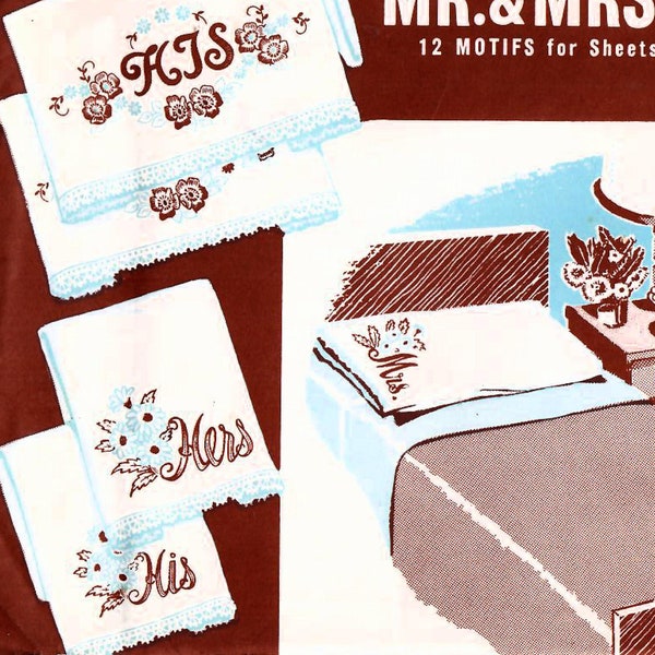 1940s Superior 176 UNUSED Vintage Hot Iron Transfer Pattern Hand Embroidery Trousseau Mr Mrs Motifs, His Hers Pillowcases Towels Linens