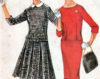 1960s McCall's 6533 Vintage Sewing Pattern Two Piece Dress, Fitted Top, Slim Skirt, Pleated Skirt Junior Petite Size 11jp Bust 33
