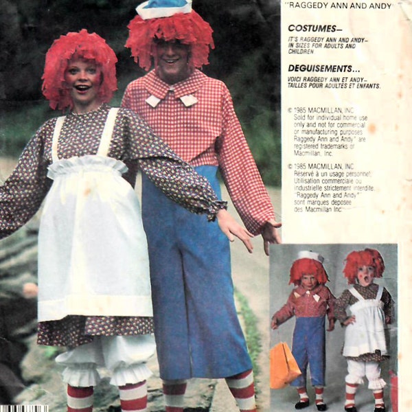 1980s McCall's 5254 / 7232 / 2625 / 4097 Vintage Sewing Pattern Raggedy Ann Raggedy Andy Costumes Tallas Niños 2-4, 6-8, Adulto Pequeño, Mediano