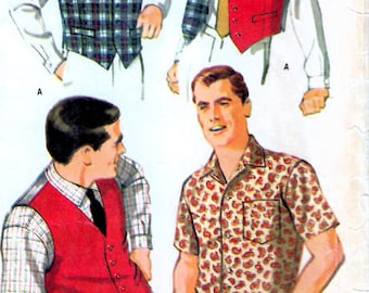 1960 McCall's 8962 Vintage costura patrón camisa, chaleco reversible, ajustado Weskit hombres tamaño 34