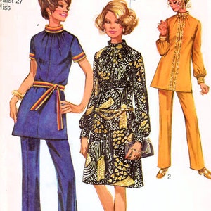 1970s Simplicity 9085 UNCUT Vintage Sewing Pattern Misses A-line Dress, Tunic Top, Pants Size 14 Bust 36