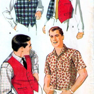 1960s McCall&#39;s 8962 Vintage Sewing Pattern Shirt, Reversible Vest, Fitted Weskit Men Size 34