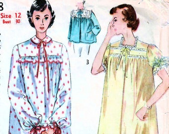 1950s Simplicity 3388 Vintage Sewing Pattern Misses Bed Jacket, Short & Long Nightgown Size Bust 30, Bust 34, Bust 36, Bust 38