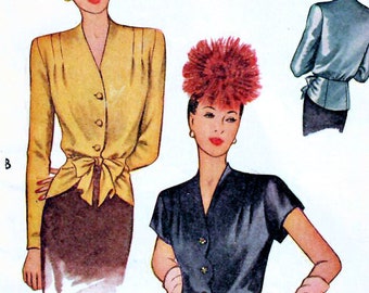 1940s McCall 6308 UNCUT Vintage Sewing Pattern Misses Peplum Blouse, Dressy Blouse, Shirtwaist Blouse Size 12 Bust 30