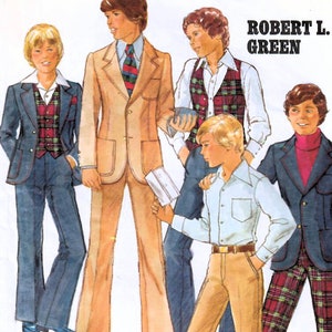 1970 Butterick 5206 Vintage patrón de costura traje de tres piezas, chaqueta ajustada, chaleco ajustado, pantalones acampanados adolescentes niños tamaño 16