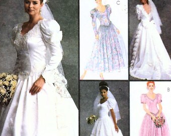 1990s McCall's 6334 UNCUT Vintage Sewing Pattern Misses Full Skirt Wedding Gown, Bridal Dress, Detachable Train Size 6-8-10