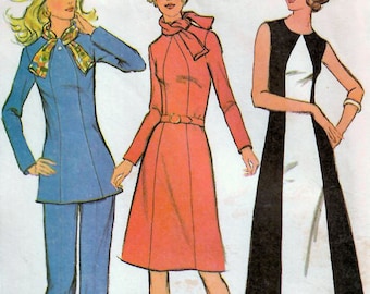1970s McCall's 3411 Vintage Sewing Pattern Dress, Tunic, Long Fitted Pants, Scarf Misses Size 12 Bust 34, Half Size 14-1/2 Bust 37