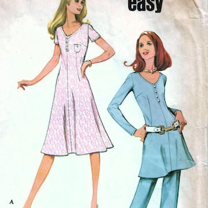 1970s McCall&#39;s 2852 Vintage Sewing Pattern Misses Flared Dress, Tunic Top, Long Pants Size 10 Bust 32-1/2