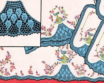 1940s Vogart 193 UNCUT Vintage Transfer Pattern Hand Embroidery Peacock Motif Crochet and Embroidery Pillow Case, Vanity Scarf