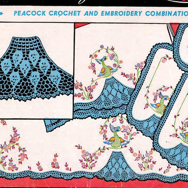 1940s Vogart 193 UNCUT Vintage Transfer Pattern Hand Embroidery Peacock Motif Crochet and Embroidery Pillow Case, Vanity Scarf