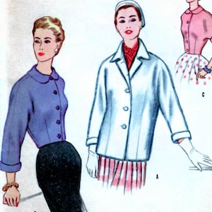 Pode incluir: Um padrão de costura vintage para um conjunto de jaqueta e saia. O padrão é para uma tamanho 12 de mulher, com uma medida de busto de 30. O padrão é impresso em um fundo branco com uma ilustração em preto e branco de uma mulher vestindo o conjunto de jaqueta e saia.
