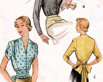 1940s McCall 7710 UNCUT Vintage Sewing Pattern Dressy Blouse, Sash Misses Size 18 Bust 36