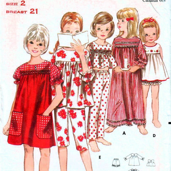 années 1960 Butterick 3743 vintage Sewing Pattern Girls Nightgown, Shortie Nightgown, Long Nightgown, Short Pyjamas, Long Pyjamas Size 2