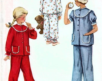 1950s McCall 8306 Vintage Sewing Pattern Girls Two Piece Pajamas, Long Pajamas, Sleepwear Size 2, Size 4, Size 6