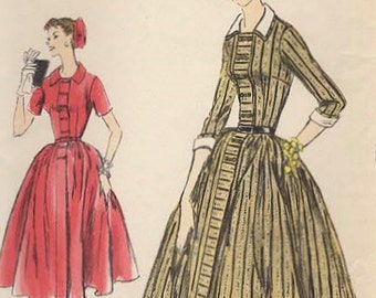 1950s Vogue 9000 FF Vintage Sewing Pattern Junior Misses Full Skirt Dress, Shirtwaist Dress, Detachable Collar and Cuffs Size 13 Bust 33