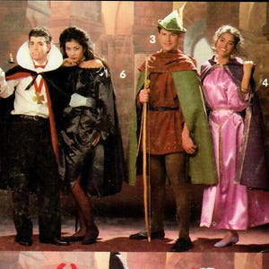 May include: A Simplicity sewing pattern for costumes. The pattern includes eight different costumes: a vampire, a witch, a princess, a knight, a reaper, a devil, a fairy, and a Robin Hood. The pattern is for sizes small to large.