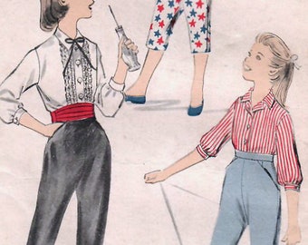 1950s Advance 8189 Vintage Sewing Pattern Girls Blouse, Slim Long Pants, Capris, Cummerbund Size 4, Size 8