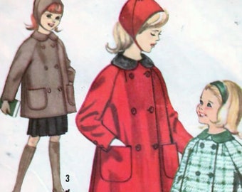 1960s Simplicity 5147 Vintage Sewing Pattern Girl's Double Breasted Coat, Short Coat, Car Coat, Hat Size 4, Size 6, Size 7
