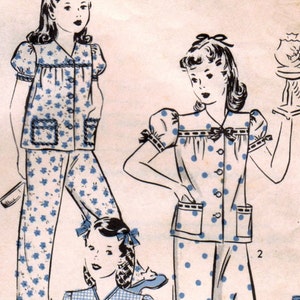 1940s Hollywood 1007 Vintage Sewing Pattern Girl&#39;s Pajamas, Sleepwear, Sleep Pants, Sleep Shirt Size 10