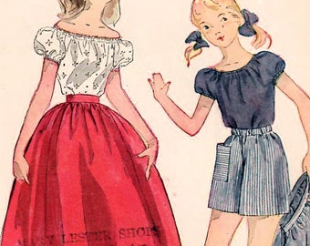 1950s Simplicity 3873 Vintage Sewing Pattern Girl's Peasant Blouse, Shorts, Full Skirt Size 7, Size 8