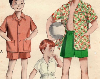1950s Butterick 5775 UNCUT Vintage Sewing Pattern Boys Sports Shirt, Shorts, Boxer Shorts Size 2, Size 4, Size 12