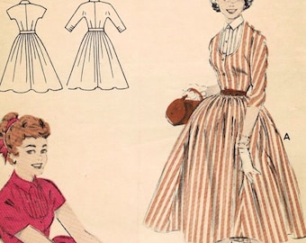 1950s Butterick 7124 Vintage Sewing Pattern Junior Full Skirt Dress, Shirtwaist Dress Size 13 Bust 31