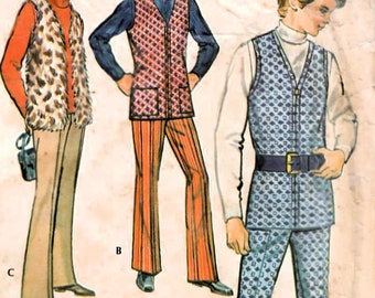1970年代 McCall's 2689 UNCUT ビンテージ裁縫パターン ティーンボーイズ ルーズフィットベストとフレアパンツ、ベルボトムパンツ サイズ16 胸囲33-1/2