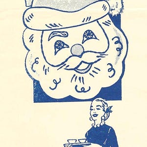 May include: A blue and cream illustration featuring a large Santa Claus face with a hat and ribbons at the top. Below, a person wearing an apron with a Santa face print holds a tray with two small cups, standing in front of a counter.