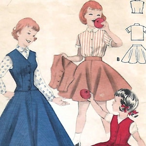 1950s Butterick 7414 Vintage Sewing Pattern Girls Flared Full Skirt,  Shirtwaist Blouse, Weskit or Vest Size 6, Size 8