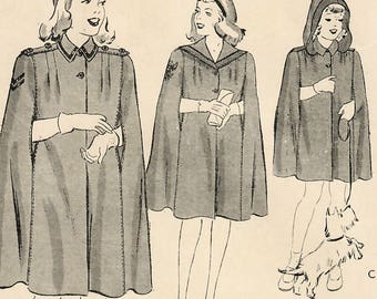 1940s Butterick 1469 Vintage Sewing Pattern Girl's Tailored Cape, Hooded Cape Size 2