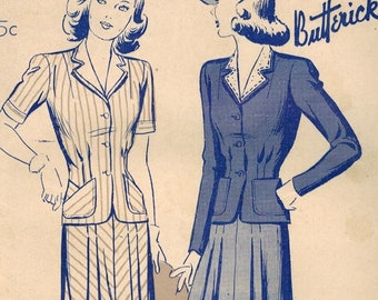 1940s Butterick 2520 Vintage Sewing Pattern Misses Two Piece Suit Frock, Skirt, Blouse, Detachable Collar Size 12 Bust 30