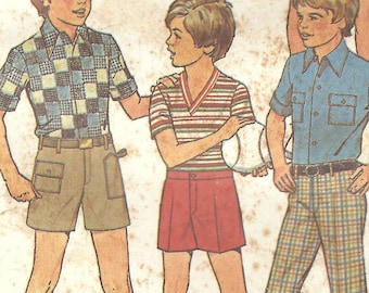 1970s Simplicity 7513 UNCUT Vintage Sewing Pattern Boys T-shirt Top, Shirt, Shorts, Long Pants Size 7, Size 8