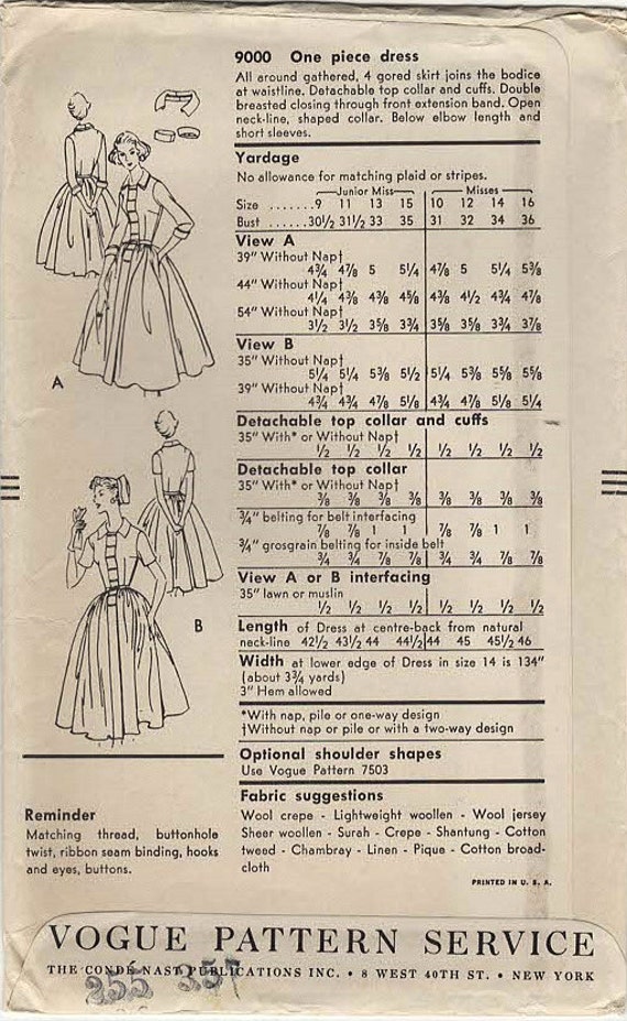 洋書 COLLECTING THE 1950S 1950s Vogue 9000 FF Vintage Sewing Pattern Junior Misses