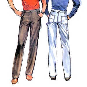 May include: A fashion illustration of two pairs of pants. The left pair is dark brown with a red shirt, and the right pair is light blue with a dark blue shirt. Both pants feature belt loops, side pockets, and a straight-leg cut in a sketch style.