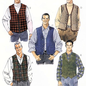 May include: A sewing pattern illustration featuring five variations of vests. Styles include a red and black buffalo plaid vest, a quilted tan vest, a solid blue vest with pockets, a green plaid vest, and a solid olive green vest with lapels.