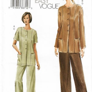 May include: A sewing pattern for a jacket and trousers. The pattern is for sizes 14, 16, and 18. The pattern is from Very Easy Vogue.