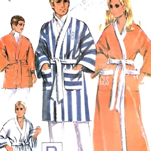 May include: Illustration of several bathrobes in various colors and patterns. One is orange, another is blue and white striped, and a third is white with blue trim. Each robe has a matching belt and pockets. The robes are shown on figures.