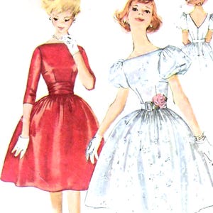 May include: Illustration of two vintage dresses. The first is a red dress with a fitted bodice, elbow-length sleeves, and a full skirt. The second is a light blue dress with puff sleeves, a cinched waist, and a full skirt. Both dresses are accessorized with gloves.