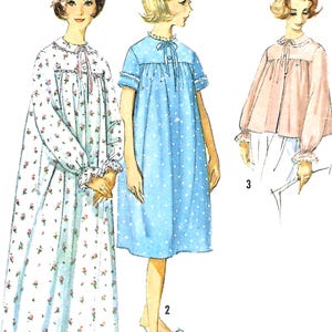 May include: Vintage illustration of three nightgown designs. The first is a long, white gown with a floral pattern. The second is a short-sleeved, light blue dress with white polka dots. The third is a pink, long-sleeved top with a white collar and cuffs.