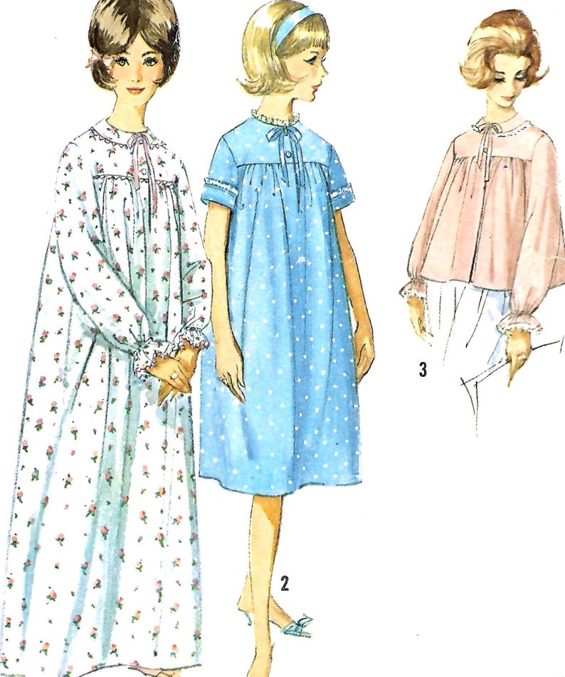 May include: Vintage illustration of three nightgown designs. The first is a long, white gown with a floral pattern. The second is a short-sleeved, light blue dress with white polka dots. The third is a pink, long-sleeved top with a white collar and cuffs.