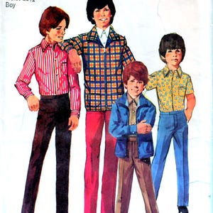 May include: A Simplicity 9595 sewing pattern envelope for size 5, chest 24 inches, waist 21.5 inches. The illustration shows four outfits: a red striped shirt with black pants, a plaid jacket with red pants, a blue jacket with brown pants, and a yellow patterned shirt with blue pants.