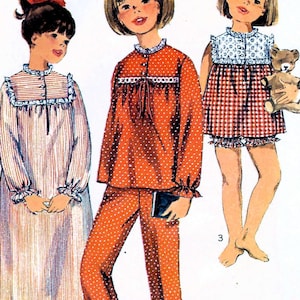 Cartamodello per camicia da notte, pigiama lungo e pigiama corto anni '60: Simplicity 6815, taglie multiple per bambine.