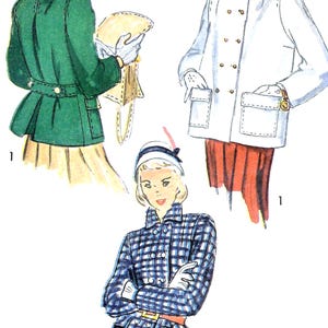 May include: A fashion illustration featuring three jackets: a dark green jacket with a back belt, a white double-breasted jacket with large patch pockets, and a blue and white plaid jacket with a collar, all worn with gloves and accessories.