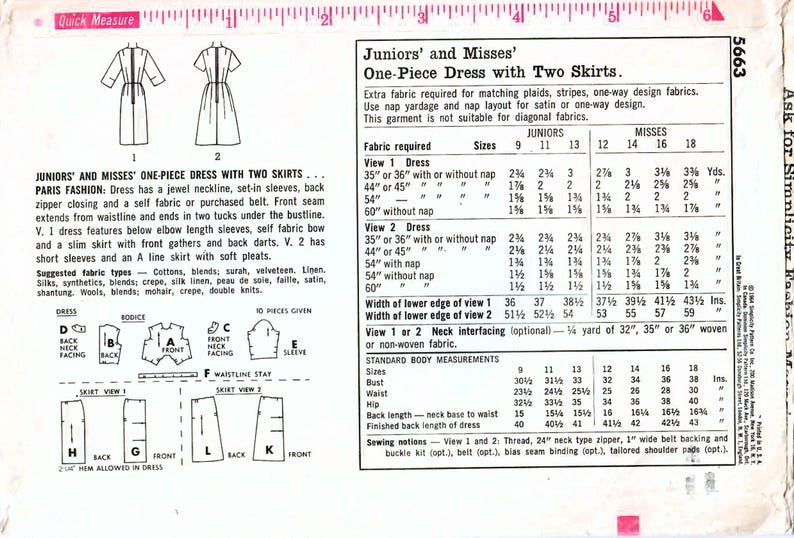 1960s Simplicity 5663 Vintage Sewing Pattern Misses One Piece Dress