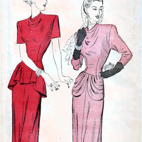 1940s Advance 4543 Vintage Sewing Pattern Misses Formal Dress, Peplum Dress, Slim Dress Size 16 Bust 34