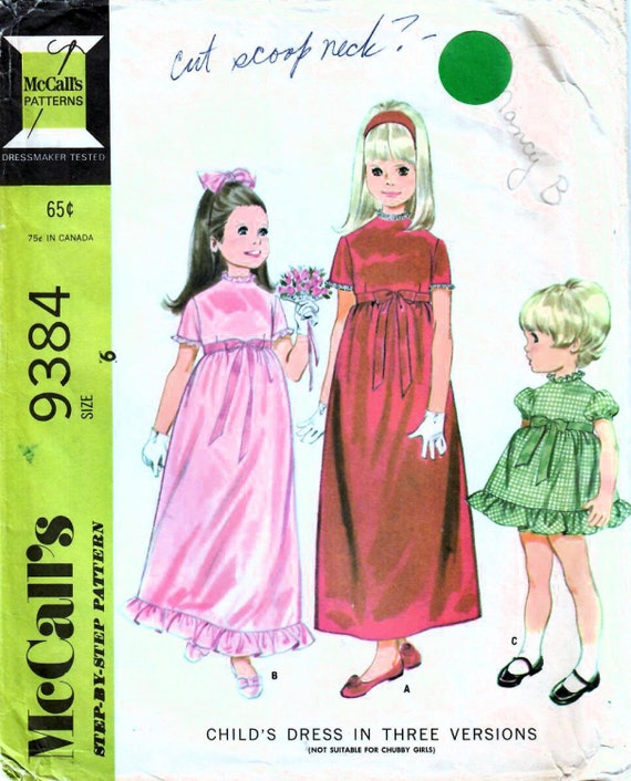 1960s Mccall's 9384 Vintage Sewing Pattern Girls Party Dress, High