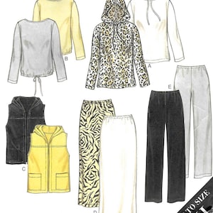 May include: A sewing pattern illustration featuring various garments including a leopard print hoodie, a solid white hoodie, a grey drawstring top, a yellow top, black and yellow hooded vests, a zebra print skirt, a solid skirt, and black and white pants.